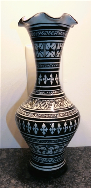 Black and White Moroccan Pottery Vase - Measures 11 1/2" Tall 