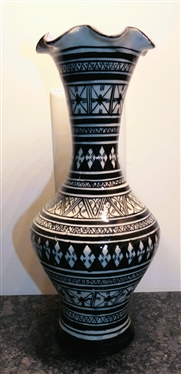 Black and White Moroccan Pottery Vase - Measures 11 1/2 Tall 