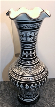 Black and White Moroccan Pottery Vase - Measures 11 1/2 Tall 