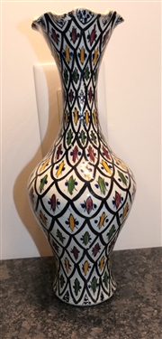 Red, Yellow, Blue, and Green Moroccan Pottery Vase - Measures 11 1/2 Tall 