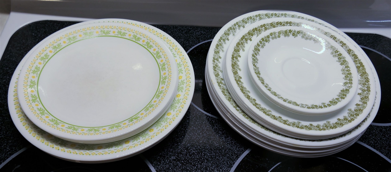 29 Pieces of Corelle China - Green Daisy Pattern and Green and Yellow Flowers - Green and Yellow Plates are Worn Scratched