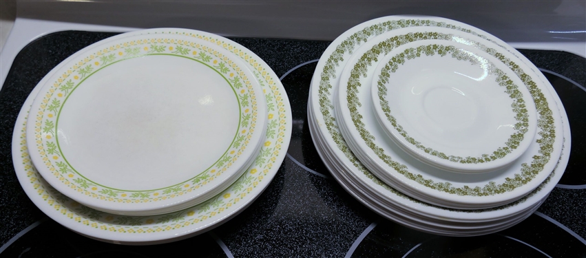29 Pieces of Corelle China - Green Daisy Pattern and Green and Yellow Flowers - Green and Yellow Plates are Worn Scratched