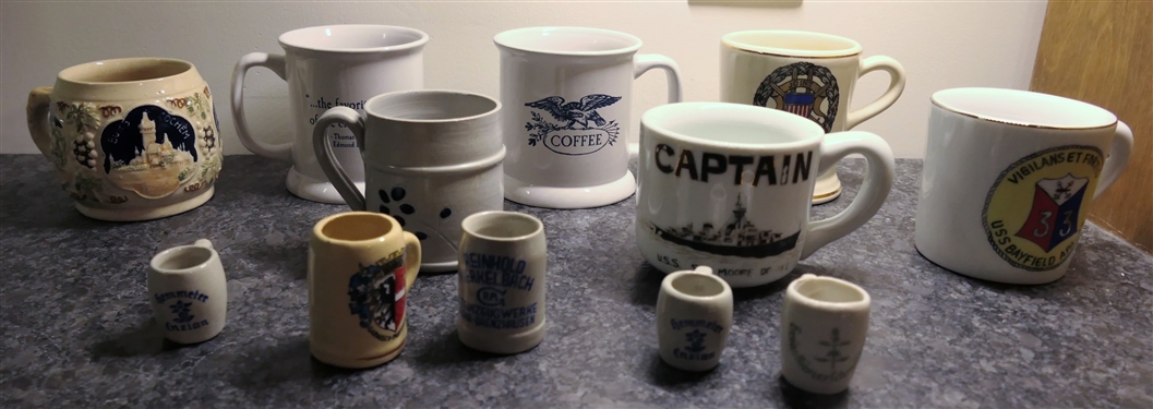 7 Mugs and 5 Creamers including Coffee Mug, Captain, Williamsburg Pottery, and German