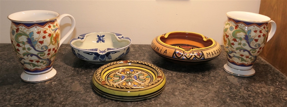 2 Past Times Manuscript Mugs, Delft Ashy Tray, and Moroccan Pottery Ash Tray 