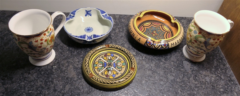 2 Past Times Manuscript Mugs, Delft Ashy Tray, and Moroccan Pottery Ash Tray 