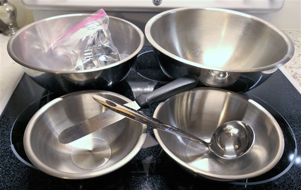 4 Stainless Steel Nesting Bowls - Largest 8 Quart, Smallest Ecko 1 1/2 Quart - Metal Cookie Cutters, Spatula, and Oneida Ladle