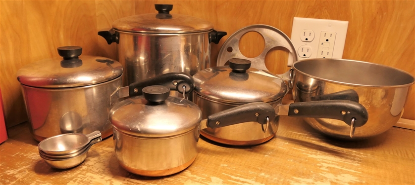 4 Revereware Pots with Lids, Canning Insert, and Metal Measuring Cups - Largest Revere Pot is 8 Quart