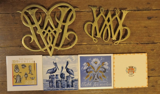 2 Williamsburg Brass Trivets and 4 Tile Trivets including Early American Pewter, and Delft