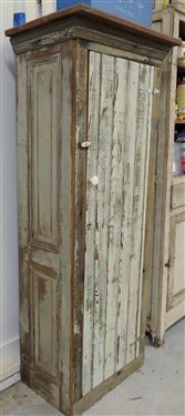 Green and White Painted Chimney Cupboard Paneled Sides - 4 Shelves Inside - Measures 64 tall 22 by 14 - NO CONTENTS