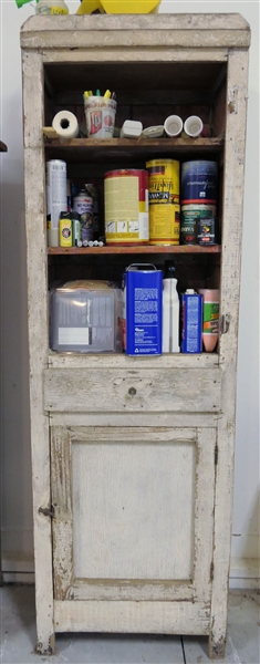 White Painted Cupboard - Open Top Shelves, Single Drawer, and Bottom Cupboard - Measures 74" tall 24" by 13" - NO CONTENTS