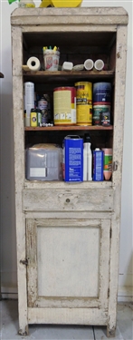 White Painted Cupboard - Open Top Shelves, Single Drawer, and Bottom Cupboard - Measures 74 tall 24 by 13 - NO CONTENTS