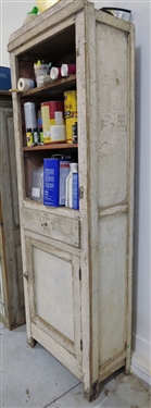 White Painted Cupboard - Open Top Shelves, Single Drawer, and Bottom Cupboard - Measures 74 tall 24 by 13 - NO CONTENTS