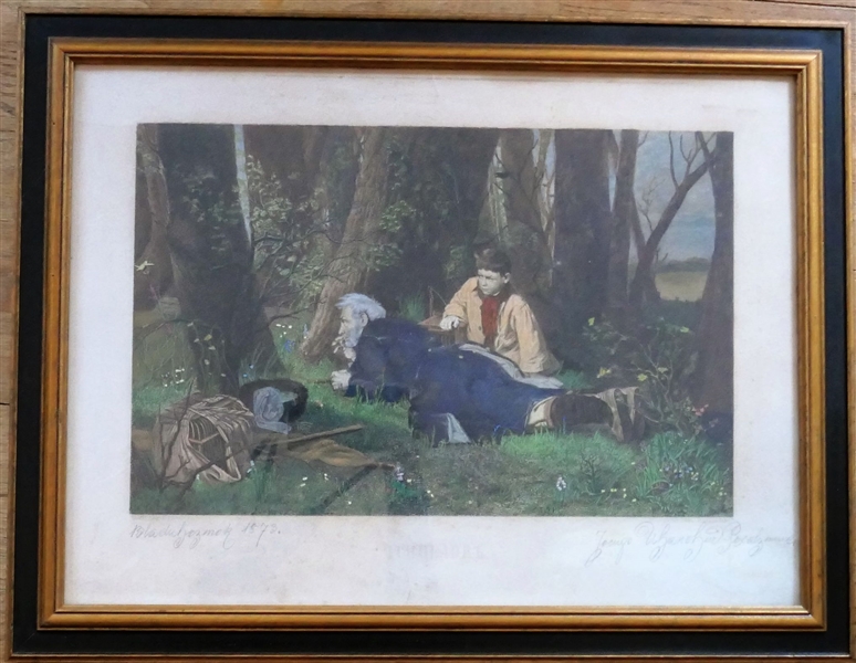 1873 Pencil Signed Hand Colored Print of Gentleman and Child - Framed and Matted - Frame Measures 16" by 21" 