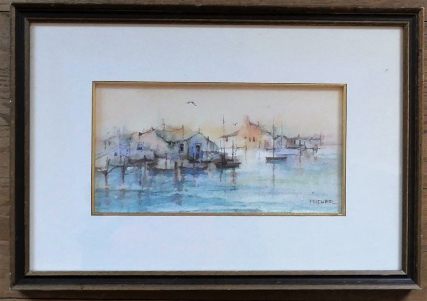 Michael Watercolor Painting of Harbor Scene - Framed and Matted - Frame Measures 11" by 16"