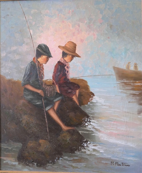 P. Pontino Oil on Canvas Painting of Boys Fishing Framed with Certificate on Reverse - Frame Measures 32" by 28"