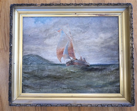 Antique Oil on Canvas Ship Painting in Nice Gold Gilt Frame - Inscription on Back - Painting Measures 16 by 20 Frame Measures 20 by 24