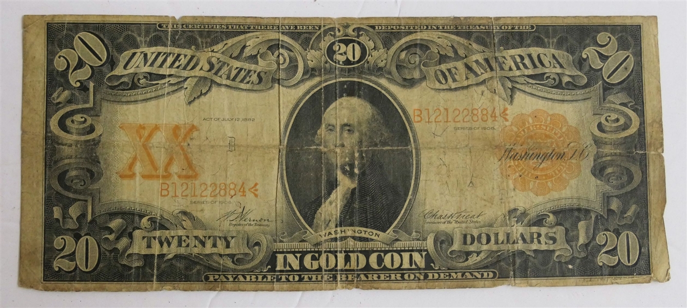 $20 Dollar Gold Certificate - Series 1906 - Some Folds - Otherwise Good Condition with Accompanying Document From The South Boston - Halifax Museum 