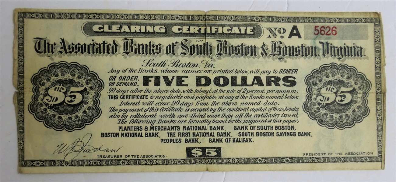 Clearing Certificate For $5 Dollars From The Associated Banks of South Boston Virginia - Listing All Existing South Boston VA Banks at the Time - Good Condition - With Accompanying Document From...