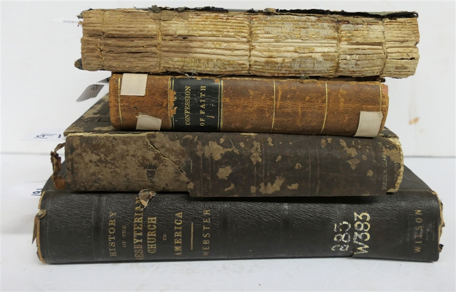 4 Antique Hardbound Religious Books - "The Constitution of the Presbyterian Church" 1839 - Leather Bound, "Campbellism Examined" by Jeremiah Jeter (Rough Condition), "Notes on the Principles and...