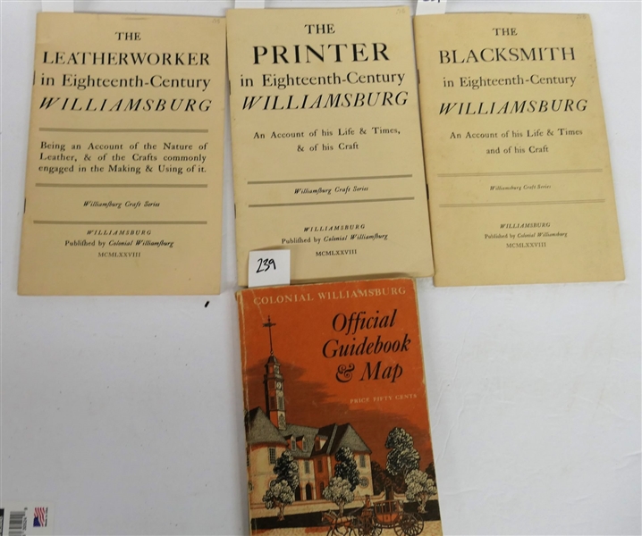 "Colonial Williamsburg Official Guidebook & Map" 1960 Paperbound Book, "The Blacksmith in Eighteen-Century Williamsburg" "The Printer in Eighteenth-Century Williamsburg" and "The Leatherworker in...