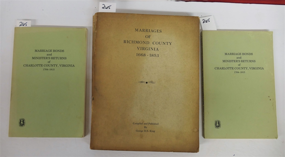 "Marriage Bonds and Ministers Returns of Charlotte County, Virginia 1764-1815" Compiled and Published By Catherine Lindsay Knorr - 1951 - Reprinted in 1982 ( 2 Copies) and "Marriages of Richmond...