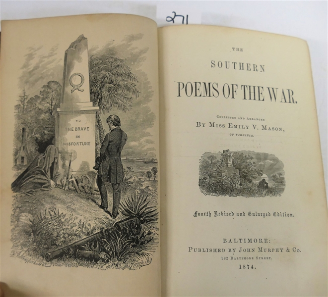 "The Southern Poems of The War" Compiled By Miss Emily V. Mason - Fourth Revised and Enlarged Edition - 1874 