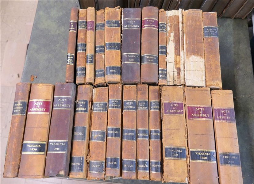 23 Volumes of The "Acts of Assembly" From Virginia - 1870s - 1930s - Leather Bound - 3 are Missing Spine Covers - See Photos