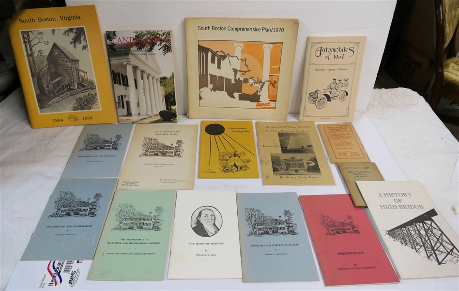 Lot of Paperbound Books and Booklets including Charlotte Business Directory, "Landmarks 1765 - 1990", "South Boston 1884-1984" "Rosseechee-Springfield" "Prestwould and its Builders" "Prestwould"...