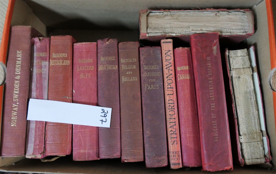 Lot of Books Early Baedekers Guide Books including 1890 "Northern Germany" 1882 "Rhine" 1936  "Stratford - Upon - Avon" 1925 "Deutschland" "Norway, Sweden & Denmark" 1898 "Paris and Its Environs"...