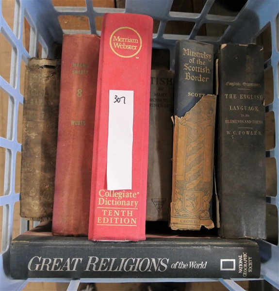 Lot of Books including "Minstrelsy of the Scottish Border" "The English Language in the Elements and Form" "Tish" "Great Religions of the World" "Magna Charta" "Lavengro" 