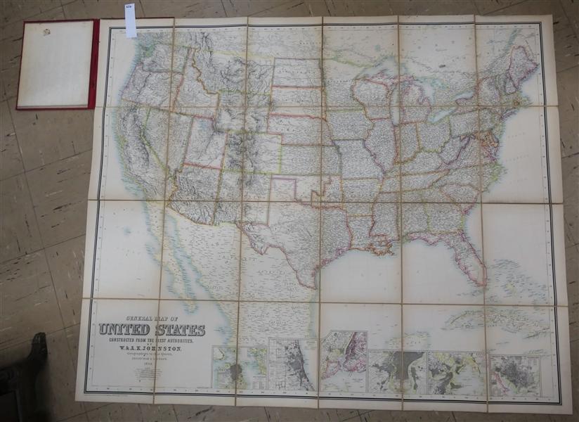 "General Map of United States Constructed From The Best Authorities by W. & A.K. Johnston Geographers to the Queen, Edinburg & London 1894" - Folding Map - Folds into Red Book 
