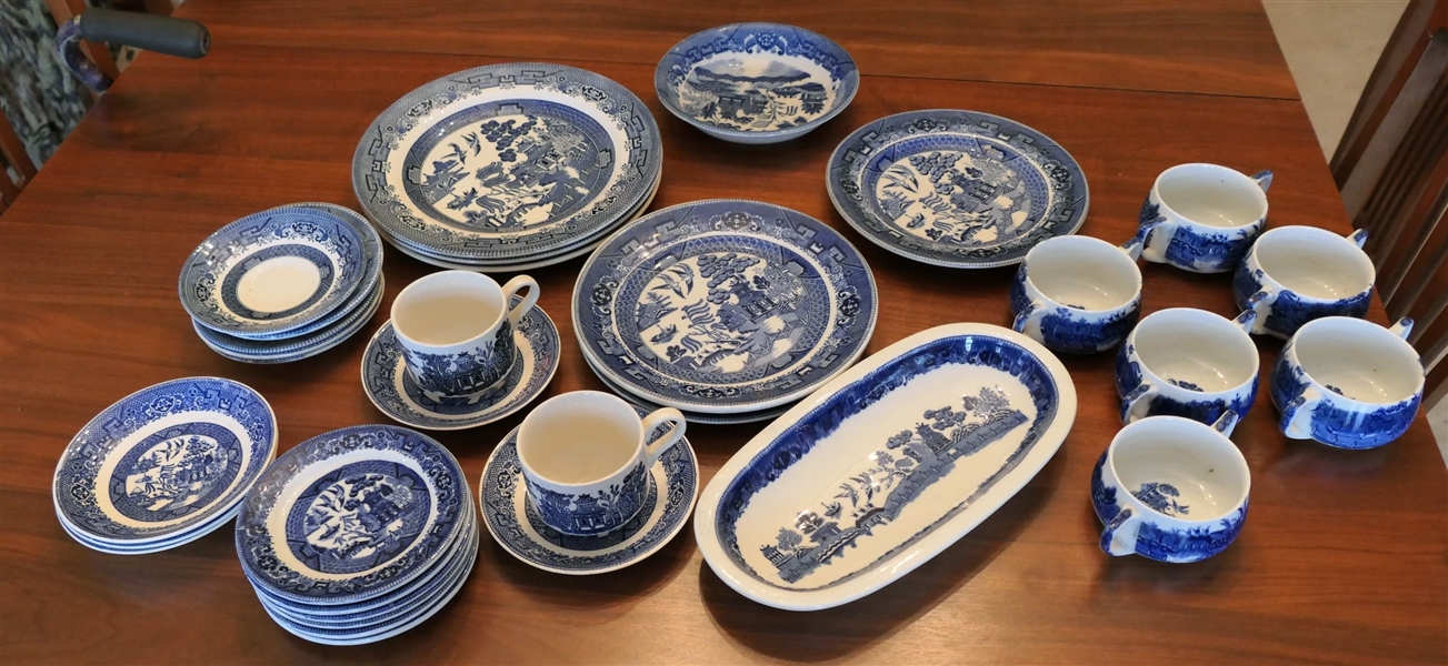 Mixed Lot of 31 Pieces of Blue Willow China including Churchill, Royal China, and Japan- - 6 Cream Soup Sets, Serving Bowl, 