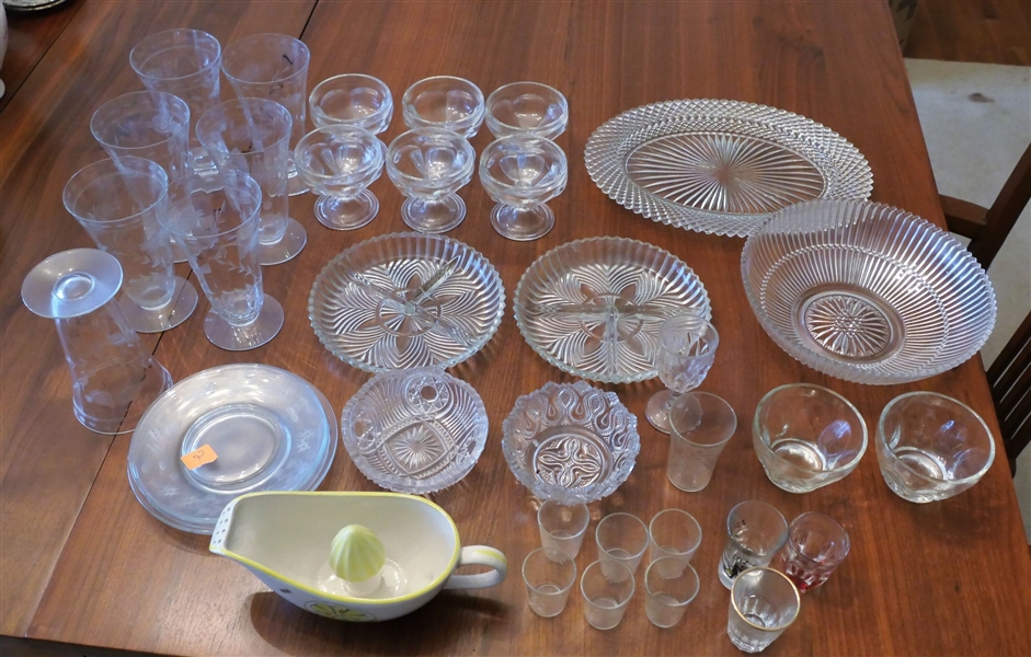 Mixed Lot of Clear Glassware including English Hobnail,  Cups, Divided Plate, Small Bowls, and Sherbets