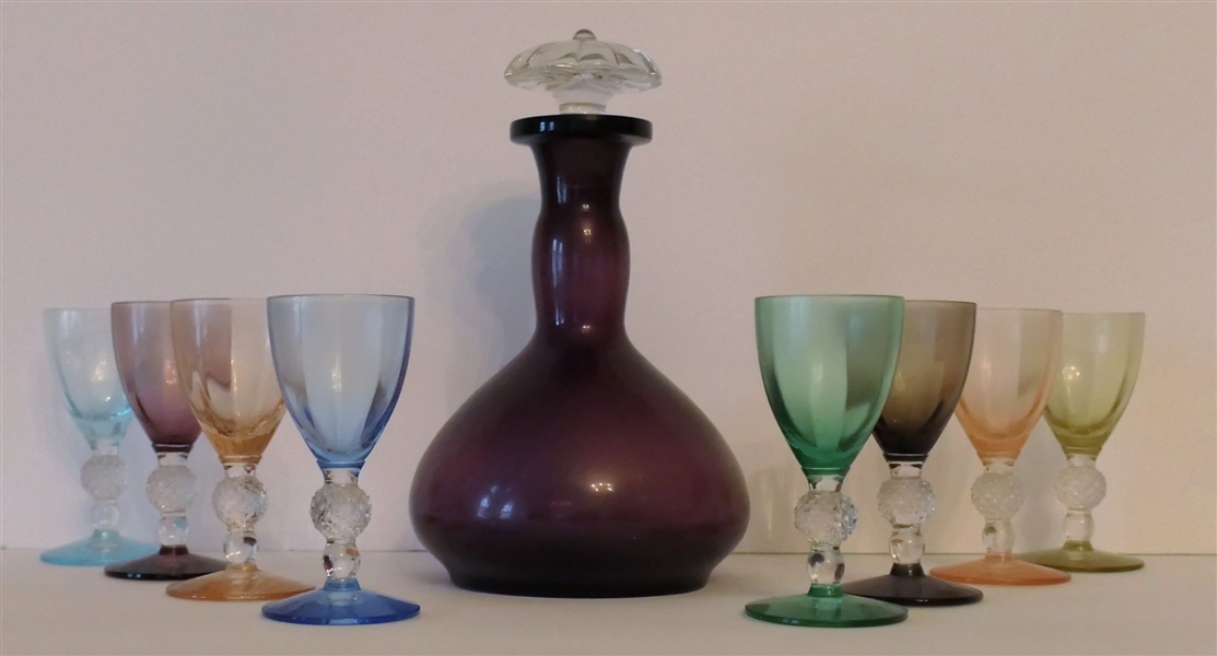Amethyst Decanter with Multi Colored Cordials - Golf Ball Stems - Decanter Measures 7 1/2" tall Cordials 3 1/2" 