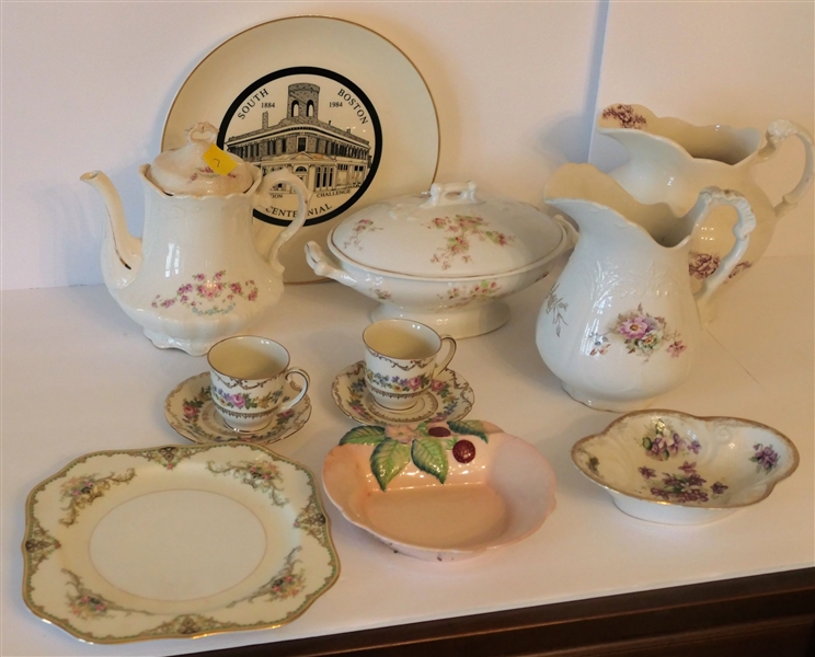 Lot of China Pieces including Goodwin Pottery Company Pitcher 7" Tall, Czechoslovakia Demitasse Cup and Saucer Sets, Tureen, and Transferware Pitcher
