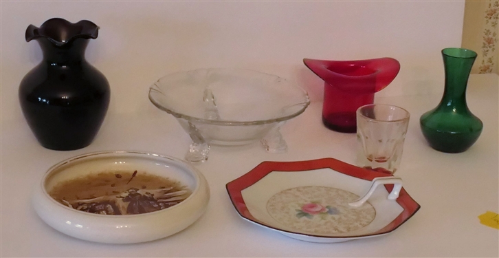 Lot of  Glassware and China including Dolphin Footed Bowl, "A Souvenir of the Great War" Dish, Red Blown Glass Hat, and Vases - Red Hat Measures 2 1/2" Tall 