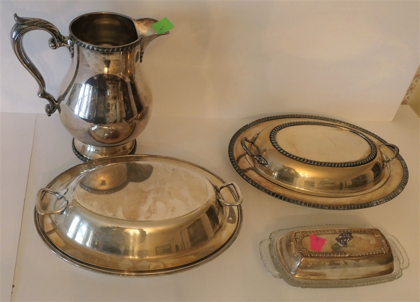 Silverplate Pitcher, Butter Dish, and Covered Dishes and Noritake Square Plate - South Boston Plate Measures 10" Across