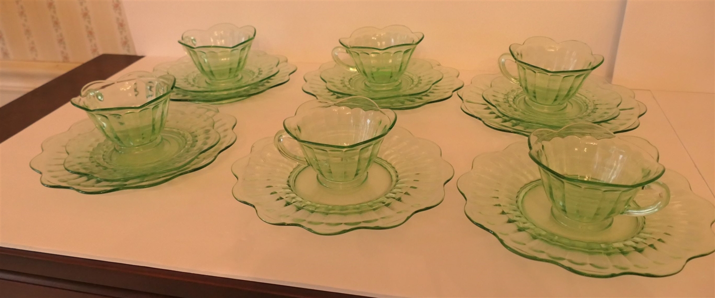 Green Depression Cup, Saucer, and Dessert Plate Sets - 16 pieces - Missing 2 Saucers