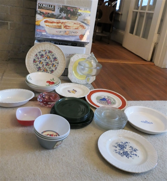 Shelf Lot of Glassware including Blue Cornflower Corningware, Pink Rose Dish, Floral Bowls, Covered Compote, Clear Plates, and Other China