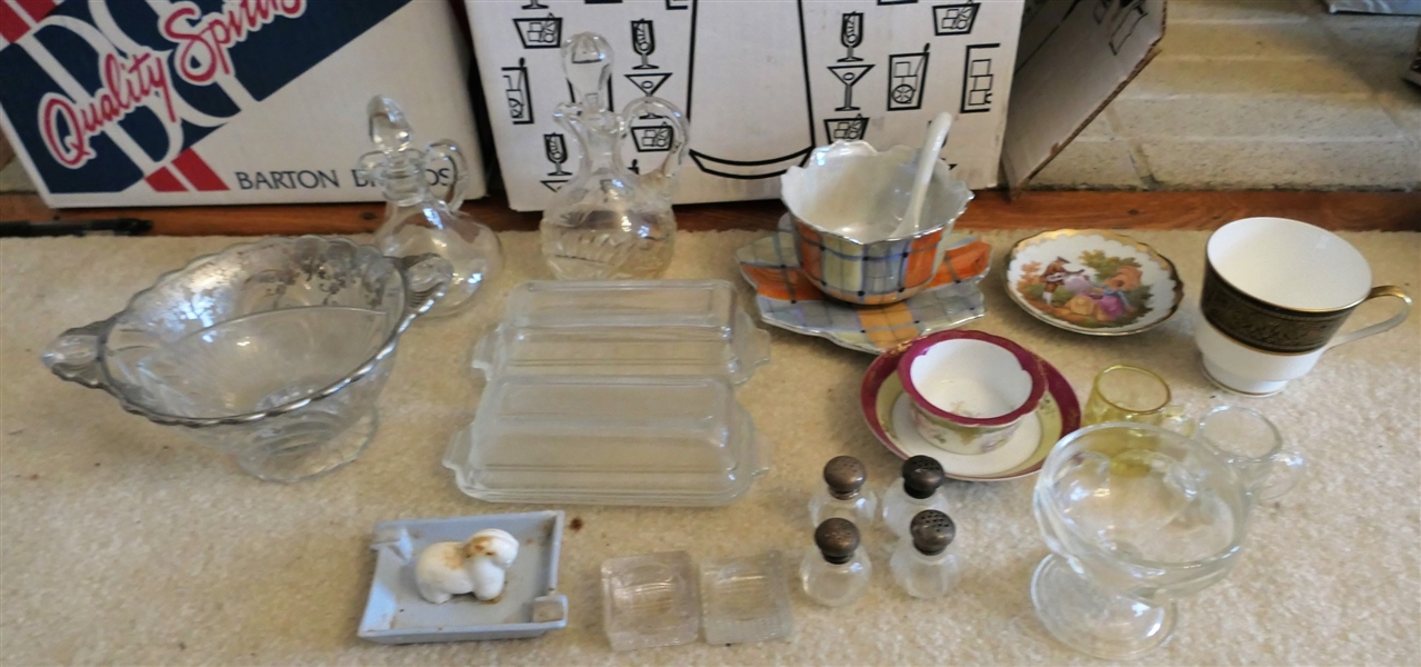 Lot of China and Glassware including Silver Overlay, Cruets, Salt and Peppers, Salt Dips, Etc. 