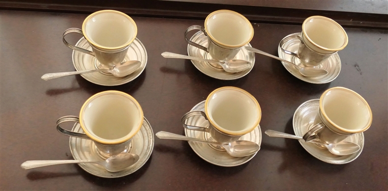 6 Sterling Silver Framed Demitasse Cups with Saucers and Spoons - Frames are Monogrammed - Each Measures 2 1/4 tall Saucers Measure 3 1/4 Across - Spoons Are Towle