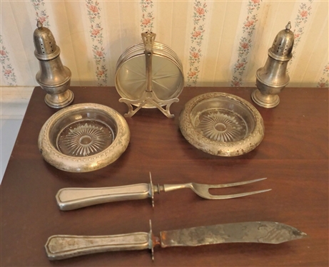 Lot of Sterling Silver Items Including Coasters, Carving Set, and Sterling Silver Salt and Pepper Shakers