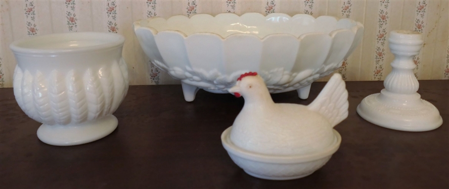 Milk Glass Oval Bowl, Candle Stick, Hen on Nest, and Bowl - Large Footed Oval Bowl Measures 4 1/2 tall 12 Long