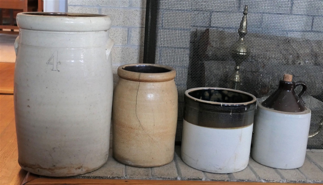 4 Gallon Stone Churn, Storage Crock, Brown and White Crock, and Small Brown and White Jug - Stone Crock Has Hairline Crack