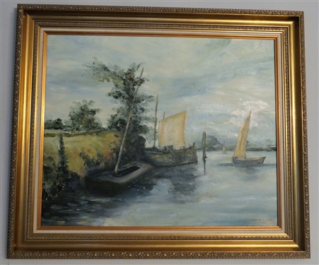 Original Oil on Canvas Painting of Sail Boats by Miriam Burton 1969 - Framed - Frame Measures 27 1/4 by 32