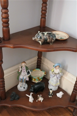 Corner Whatnot Shelf And Contents - Figures, Animals, Porcelain Objects, Etc. - Shelf Measures 53 Tall 