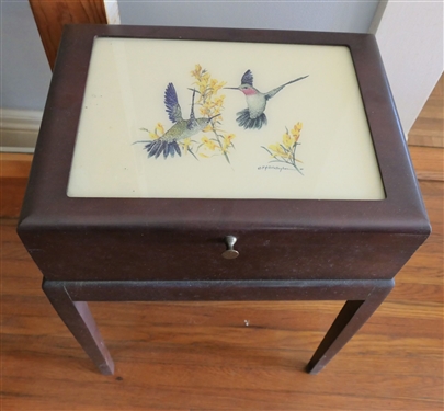 Mahogany Finish Lift Top Box with Hummingbirds On Top - Full of Sewing Materials - Measures 22 Tall 15 by 11 