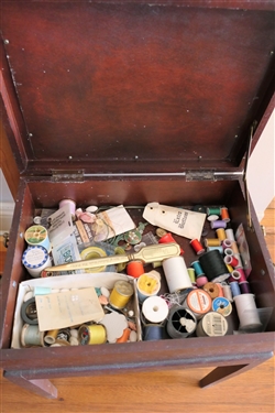 Mahogany Finish Lift Top Box with Hummingbirds On Top - Full of Sewing Materials - Measures 22 Tall 15 by 11 