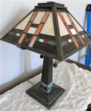 Nice Dale Tiffany Leaded Glass Table Lamp - Measures 17 Tall Shade Measures 12 by 12 