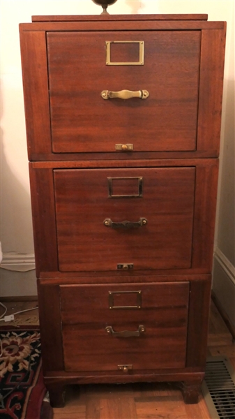 Mahogany 3 Stack Filing Cabinet - Brass Tag "Library Bureau Sole Makers" - Overall Measures 45" Tall 19" by 24" 